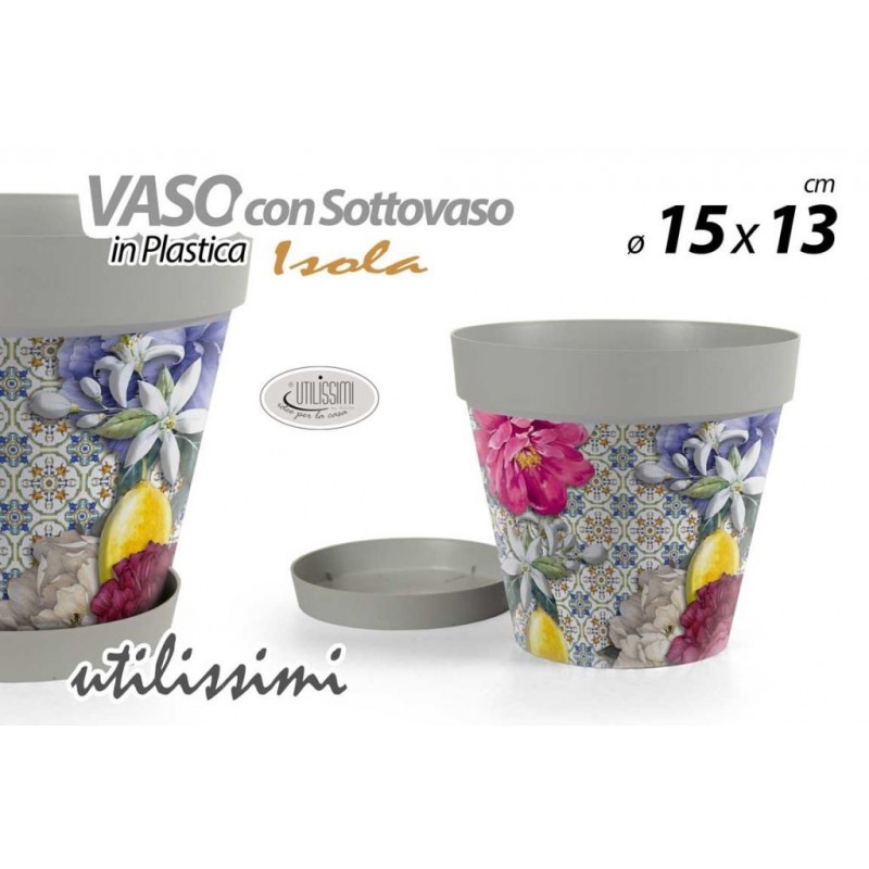 VASO PLASTICA + SOTTOVASO DECORO ISOLA 15cm 845444 GICOS