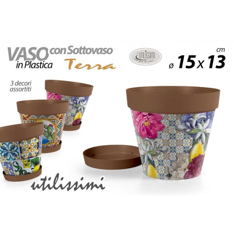 VASO PLASTICA + SOTTOVASO DECORO TERRA 15cm 845529 GICOS