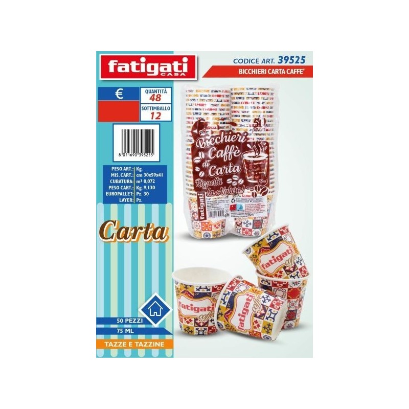 BICCHIERI CARTA CAFFE' STAMPATI 50PZ 75ML
