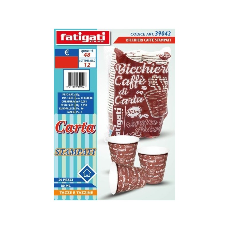 BICCHIERI CARTA CAFFE' STAMPATI 50PZ 80ML