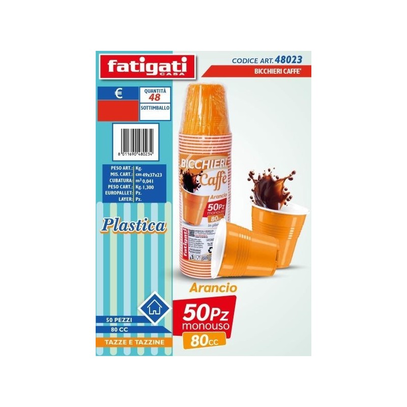 BICCHIERI PLASTICA CAFFE' B/ARANCIO 50PZ 80CC