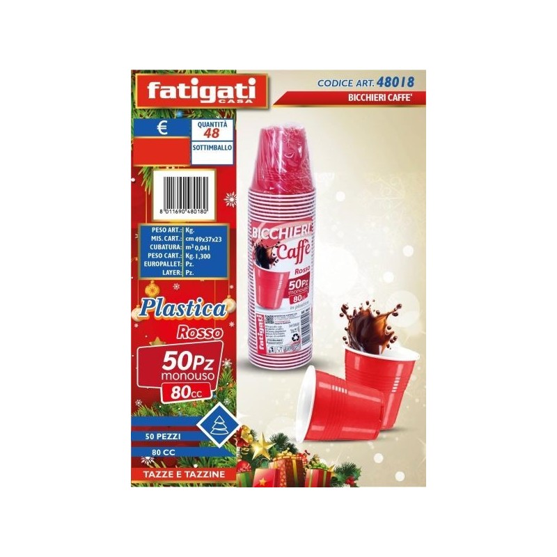 BICCHIERI PLASTICA CAFFE' B/ROSSO 50PZ 80CC