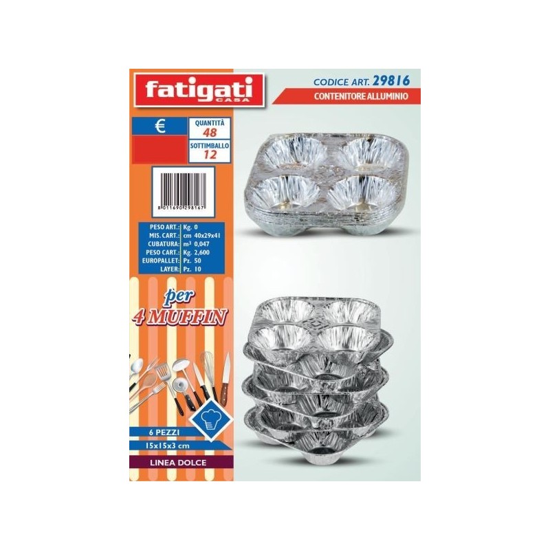 CONTENITORE ALLUMINIO MUFFIN DA 4 15X15X3 6 PZ