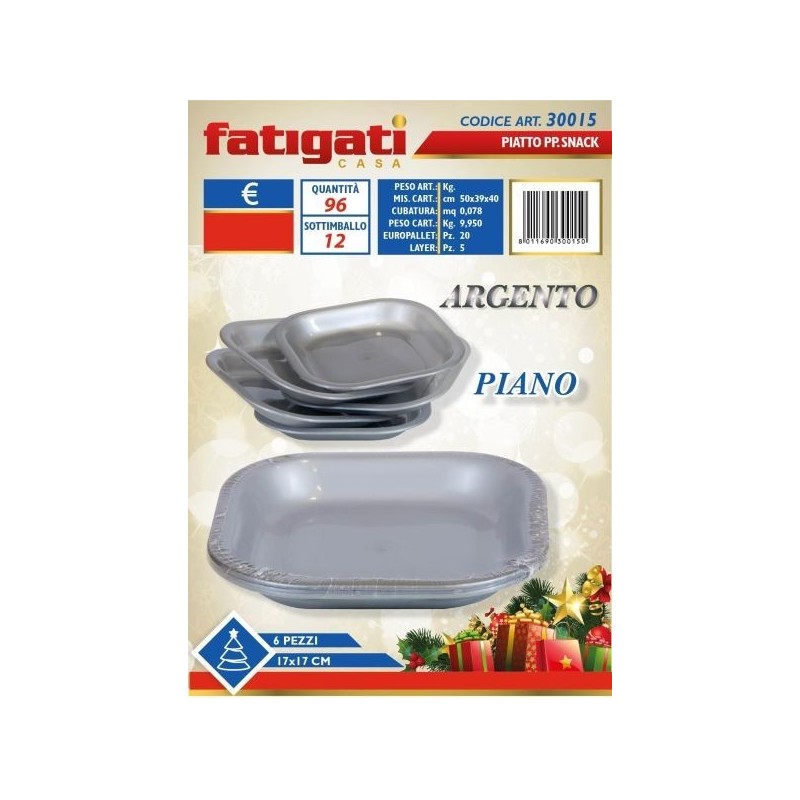 PIATTI SNACK PIANI ARGENTO 17X17CM 6PZ PP.