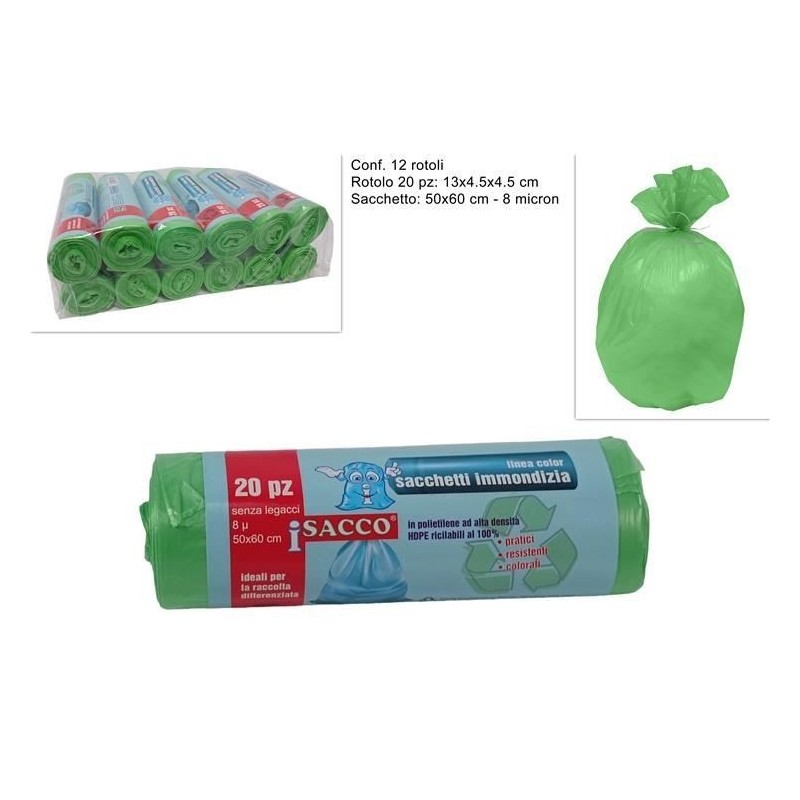 SACCO IMMONDIZIA 50x60cm 35lt 20pz VERDE 8 mic. DS