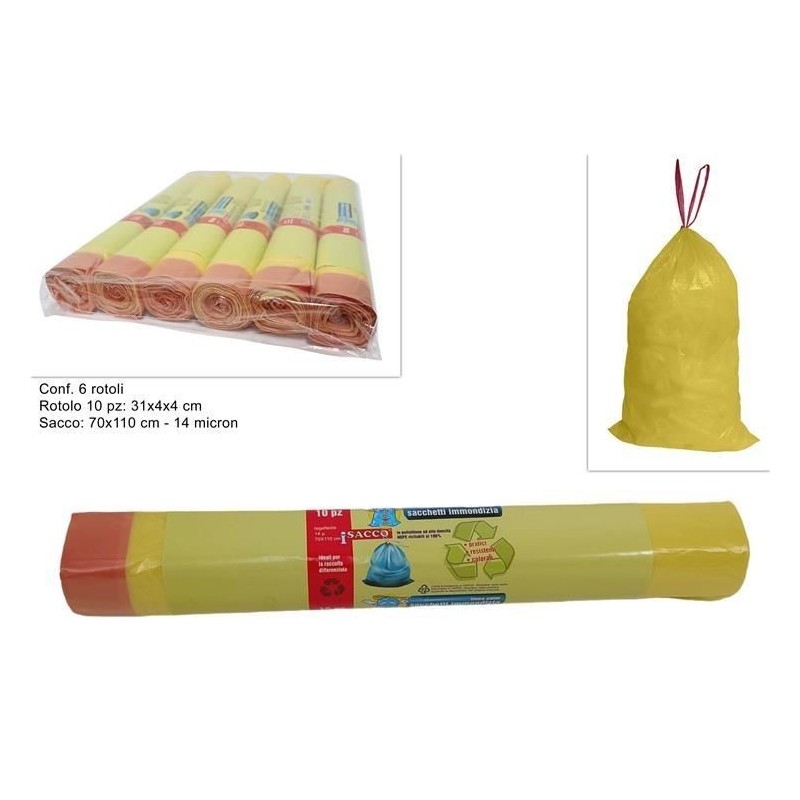 SACCO IMMONDIZIA 70x110cm 110 litri 10pz GIALLO 14 mic DS