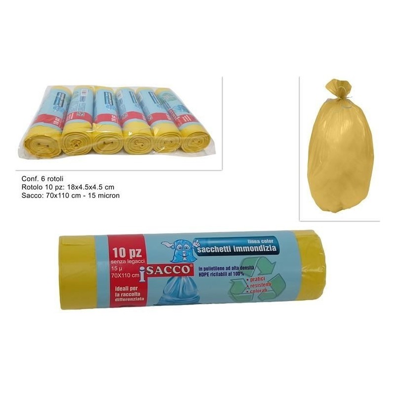 SACCO IMMONDIZIA 70x110cm 110lt 10pz GIALLO 15 mic DS