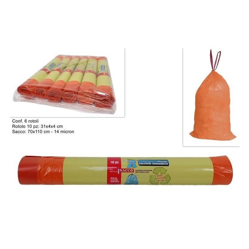 SACCO IMMONDIZIA 70x110cm 110t 10pz ARANCIO 14 mic DS