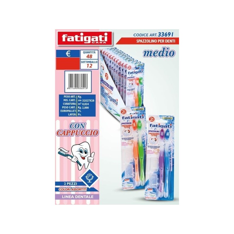 SPAZZOLINO DENTI MEDIO C/CAPPUCCIO 2 PZ 33691