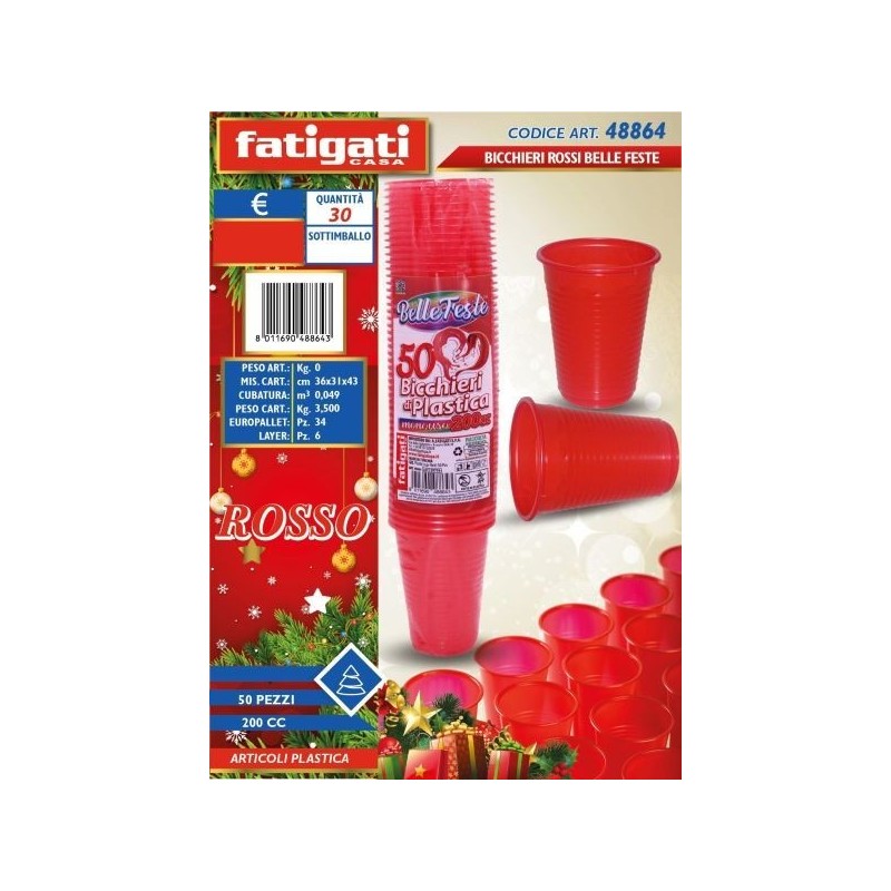 BELLE FESTE BICCHIERI 200CC PP ROSSO 50PZ