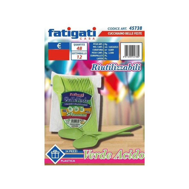 BELLE FESTE CUCCHIAINI RIUTILIZZABILI VERDE ACIDO 24PZ
