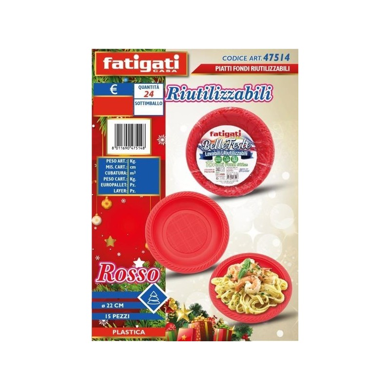 BELLE FESTE PIATTI FONDI RIUTILIZ. ROSSO 22CM 15PZ