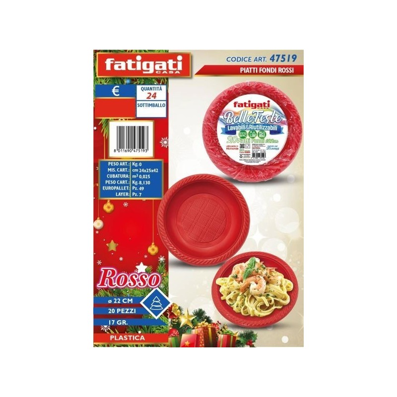 BELLE FESTE PIATTI FONDI RIUTILIZ. ROSSO 22CM 20PZ