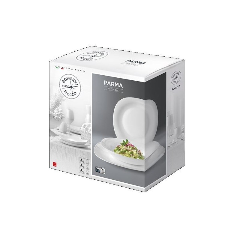 SERVIZIO PIATTO VETRO OPALE 18pz PARMA QUADR. Bco BORMIOLI