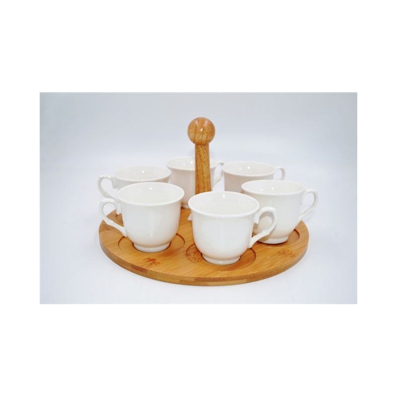 TAZZA CAFFE' VASSOIO LEGNO+ 6 TAZZA CERAMICA BIANCA SUD