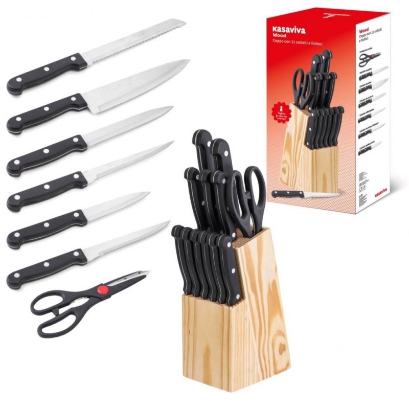 COLTELLO SET CEPPO LEGNO+ 11 COLTELLI e FORBICI 1646383 KAS