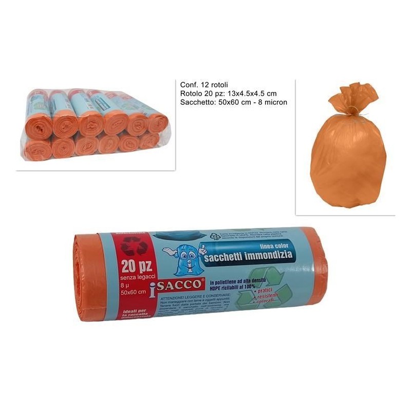 SACCO IMMONDIZIA 50x60cm 35lt 20pz ARANCIO 8 mic. DS