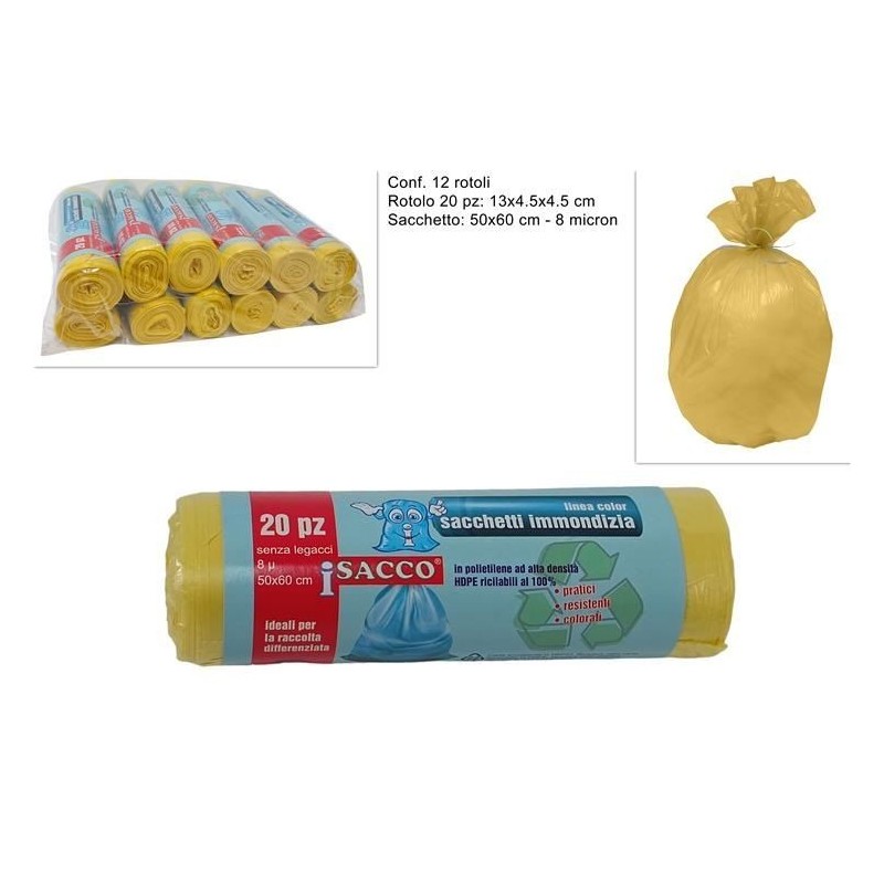 SACCO IMMONDIZIA 50x60cm 35lt 20pz GIALLO 8 mic. DS