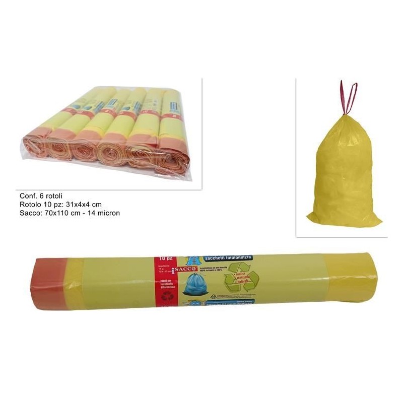 SACCO IMMONDIZIA 70x110cm 110 litri 10pz GIALLO 14 mic DS
