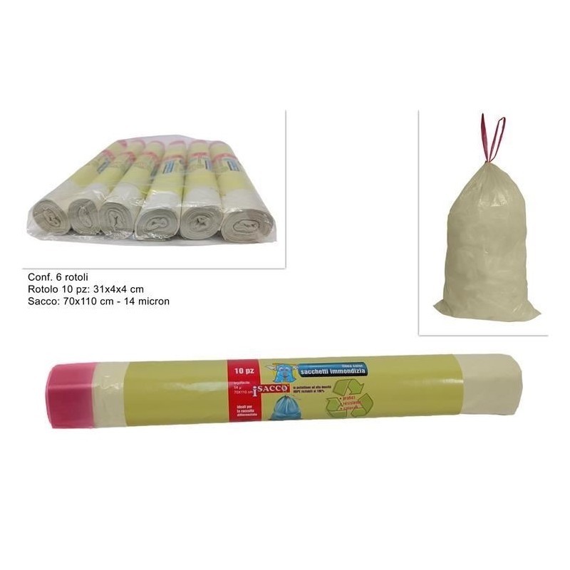 SACCO IMMONDIZIA 70x110cm 110lt 10pz BEIGE 14 mic DS